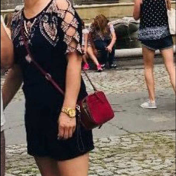 Alya Romper Navy Blue With Cream Embroidery Cold Shoulder Sleeve Short - Picture 9 of 9